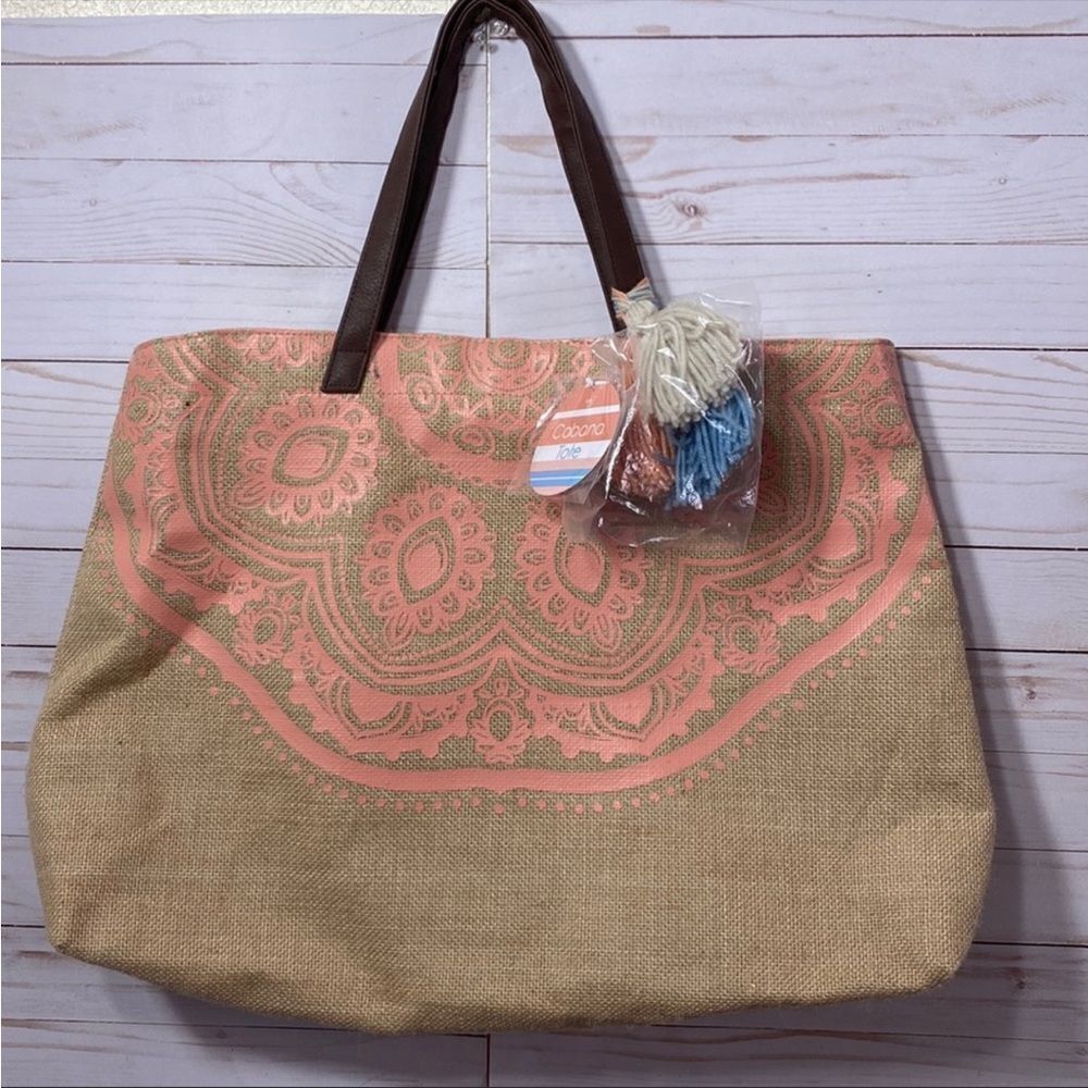Cabana Burlap Jute  Beach Boho Pom Pom Tassel Tote Bag